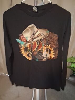 Gildan Black Long-Sleeve Tee with Cowboy Hat, Boots & Sunflower Graphic